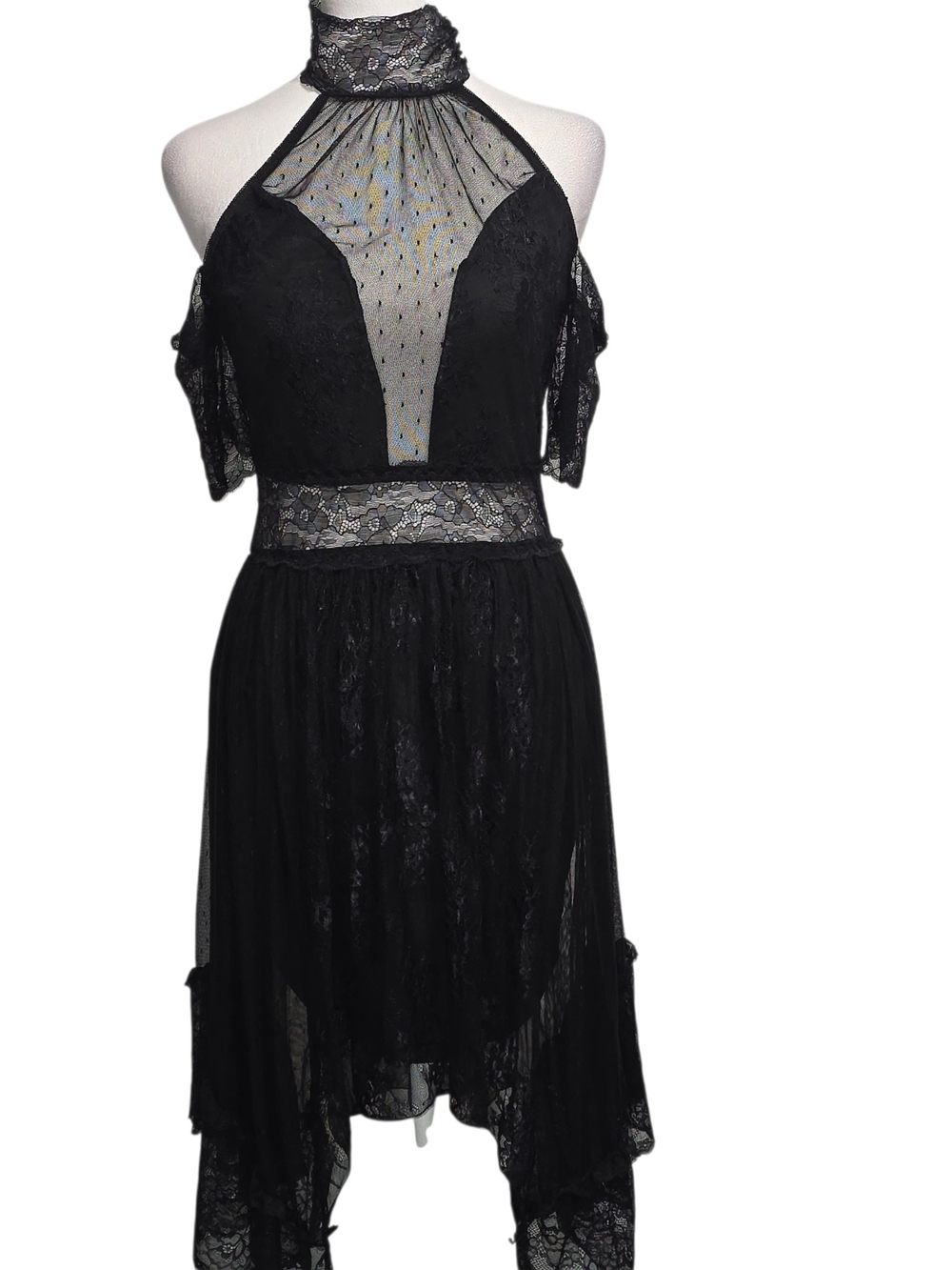 Widow by Dolls Kill Black Lace High Neck Cold Shoulder Hi Low Gothic Dress Sz M - Picture 2 of 11
